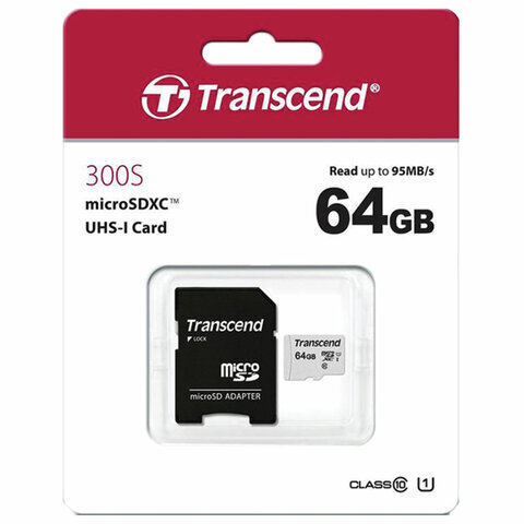 Карта памяти micro SD 64Gb Transcend class 10 с адаптером (UHS-I) A1