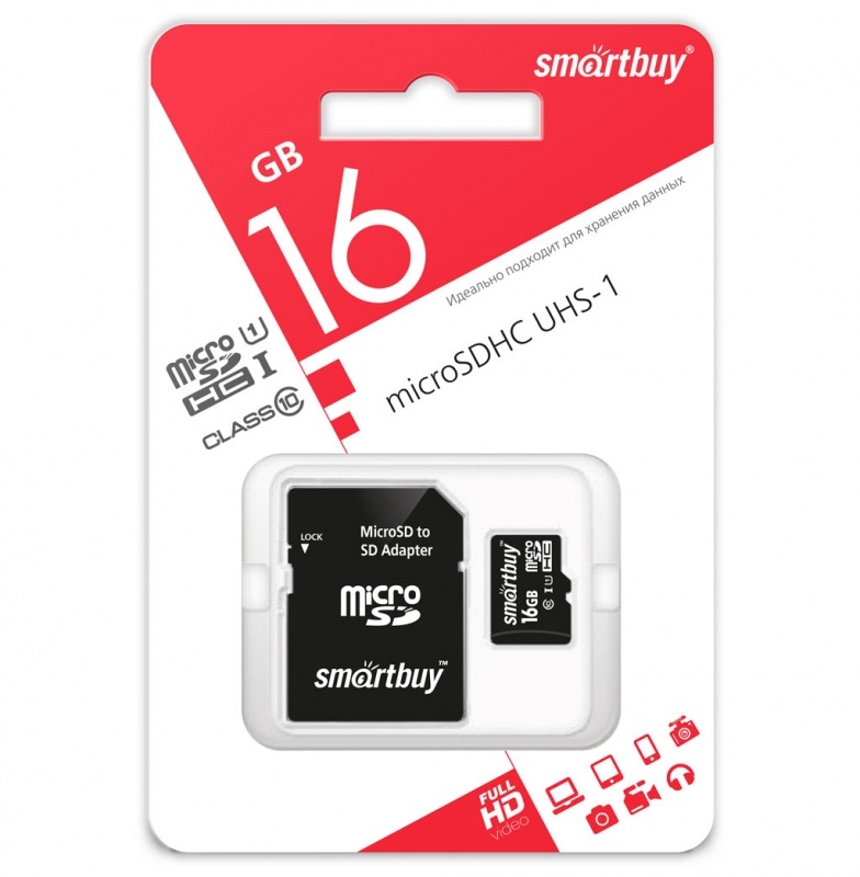 Карта памяти microSD Card16GB Smartbuy microSDHC Class 10 + SD адаптер (SB16GBSDCL10-01)