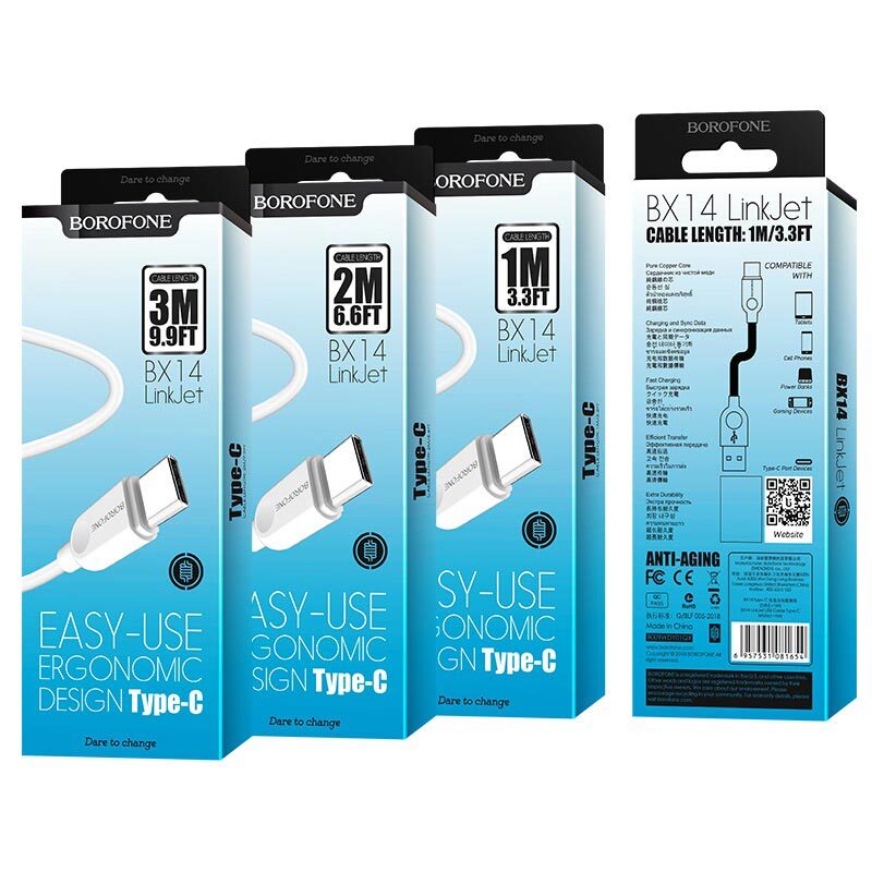 Кабель Borofone USB - Type-C BX14, 3А, ПВХ, 1м, белый