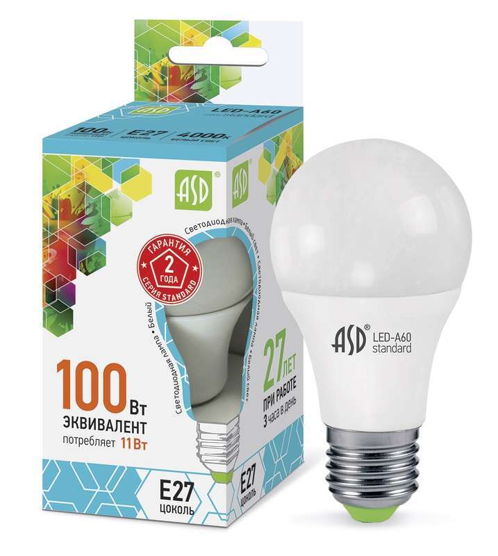 Лампа ASD LED A60-standart 11Вт 160-260В Е27 4000К 990Лм светодиодная, белый свет