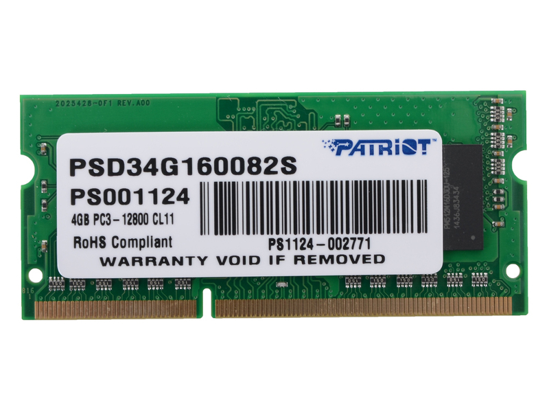 Модуль памяти SODIMM DDR3 SDRAM 4096 Mb (PC3-12800, 1600MHz) Patriot (PSD34G160082S)