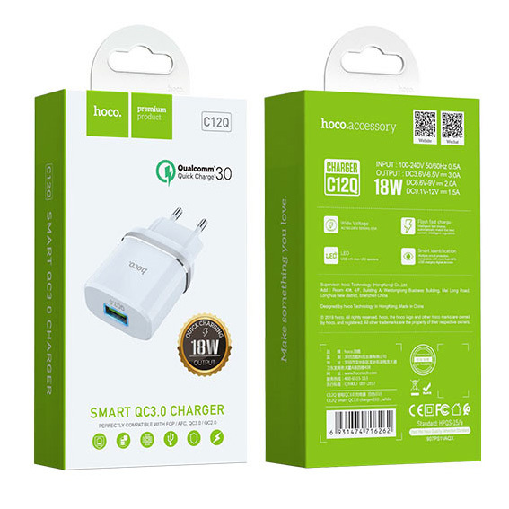 СЗУ Hoco C12Q, 1USB, QC3.0, 18W, 3A, белый