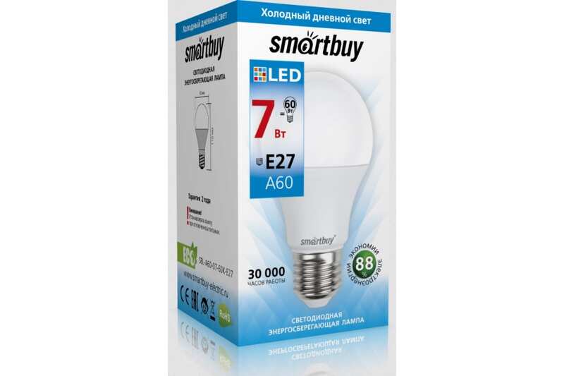 Лампа SmartBuy LED A60 7Вт Е27 6000К 560Лм светодиодная (холодный белый)