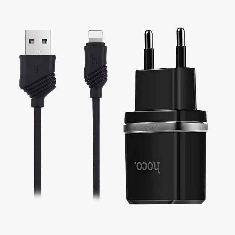 Сетевое зарядное устройство Hoco C12 2USB 2.4A + lightning black (64107)