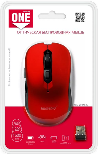 Мышь SmartBuy 200AG, USB, беспр.,опт.,6кн., 800-1600dpi, красный