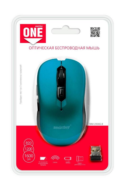 Мышь SmartBuy 200AG, USB, беспр.,опт.,6кн., 800-1600dpi, синий