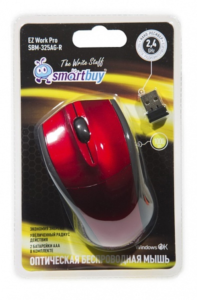 Мышь SmartBuy 325AG, USB, беспр.,опт.,3кн., 1000dpi, красный