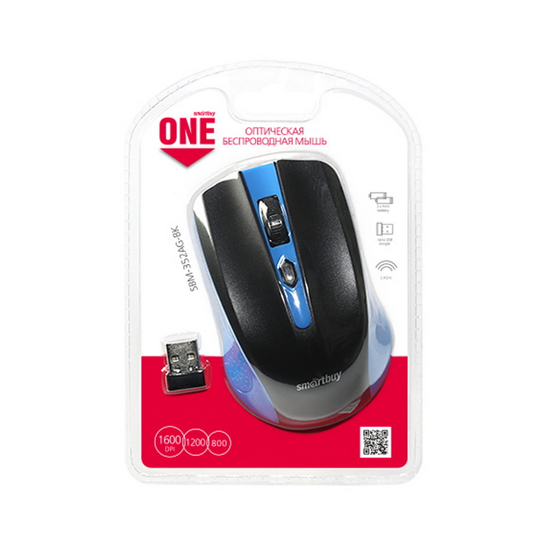 Мышь SmartBuy 352AG One, USB, беспр.,опт.,4кн, 800-1600dpi, синий/черный
