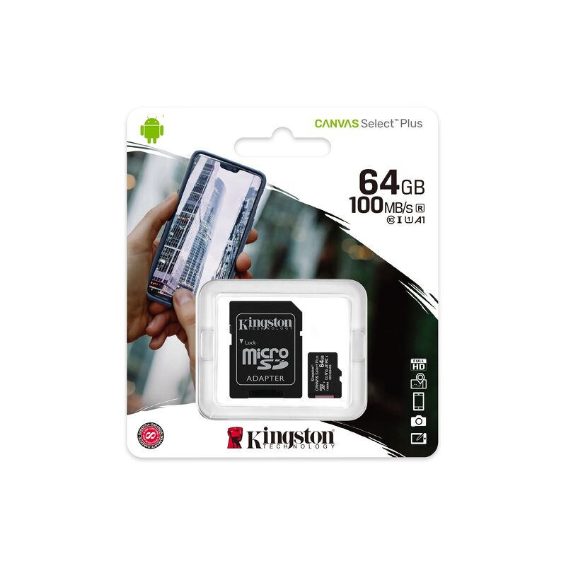 Карта памяти micro SD 64Gb Kingston class 10 Canvas с адаптером