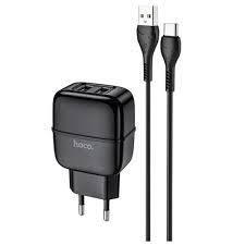 Сетевое зарядное устройство Hoco C77A, 2USB, 2.4A + Type-C 1м, черный
