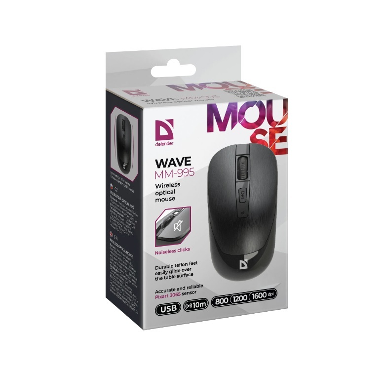 Мышь DEFENDER Wave MM-995, беспроводная, оптическая, 4 кнопки, 800-1600dpi, бесшумная, черный