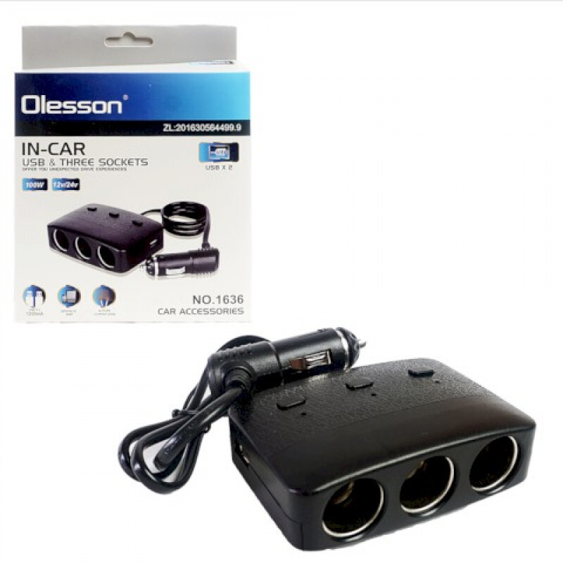 Разветвитель прикуривателя Olesson 1636, 3 выхода+2USB, 12V/24V, 100W, черный (A794)