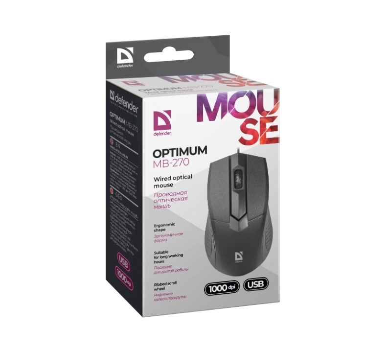 Мышь DEFENDER Optimum MB-270 PRO, USB, пров.,опт.,3кн., 1200dpi, черный