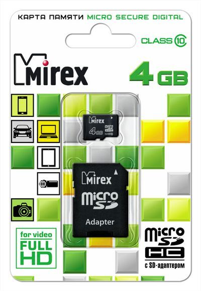 Карта памяти micro SD  4Gb Mirex class 10 с адаптером