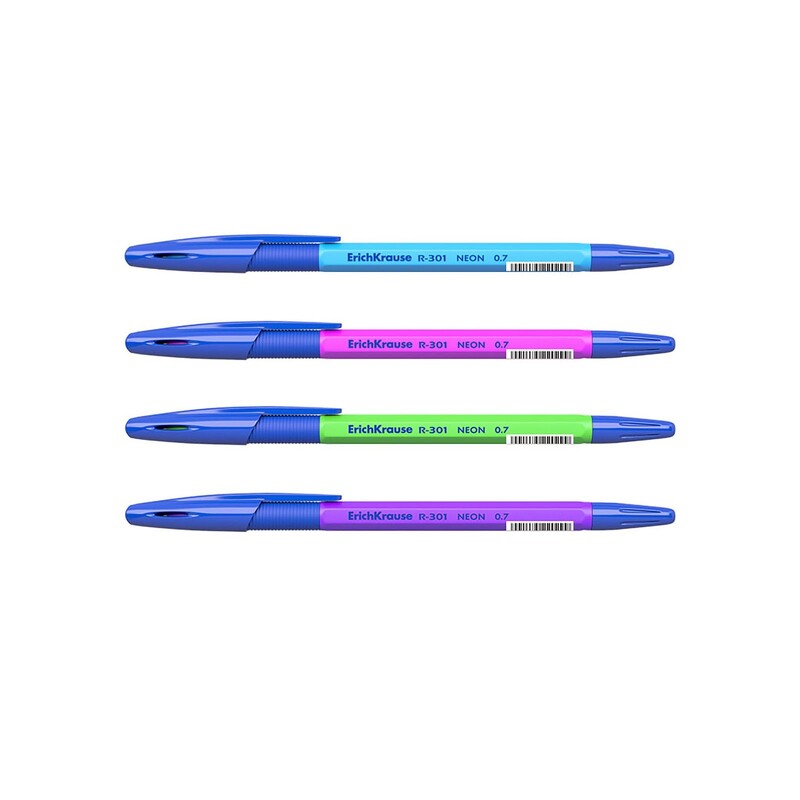 Ручка шариковая ErichKrause R-301 Neon Stick&Grip узел 0.7мм, чернила син, микс 4В 42751 2356431