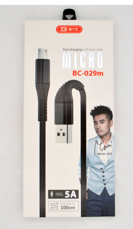 Кабель BYZ micro USB BС-029, тканевый, 1м, 5А, черный (BC-029mBK)