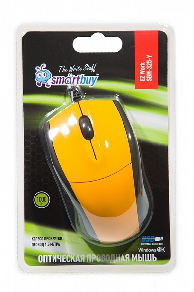 Мышь SmartBuy 325 оптич. 3 кн, 1000 DPI, USB желтая