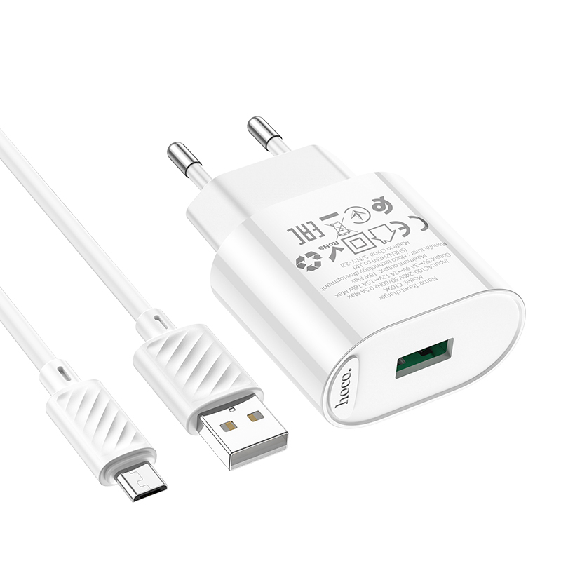 СЗУ Hoco C109A, 1USB, QC3.0, 18W, 3A + MicroUSB 1м, белый