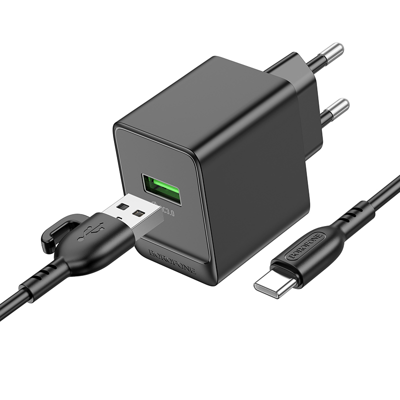 СЗУ BOROFONE BAS12A, 1USB, QC3.0 18W, 3A + Type-C 1м, черный