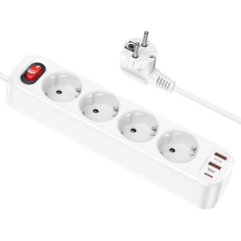 Сетевой фильтр HOCO NS1 4 розетки, 1Type-C PD20W/2 USB QC3.0, 4000Вт, 1.8м, белый