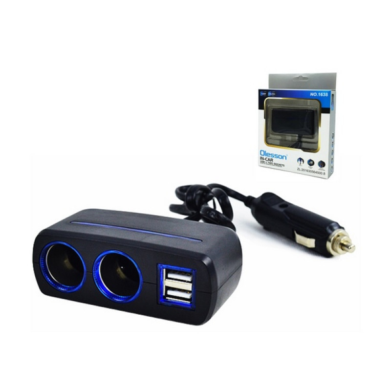 Разветвитель прикуривателя Olesson 1638, 3 выхода+2USB, 5V/3.1A, черный