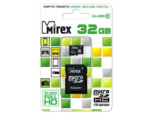 Карта памяти micro SD 32Gb Mirex class 10 с адаптером