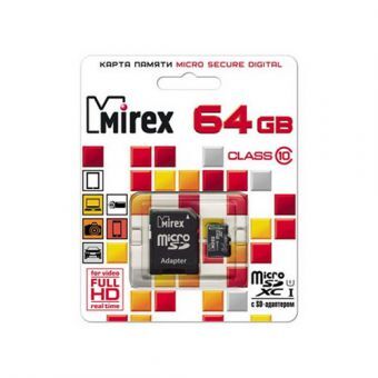 Карта памяти micro SD 64Gb Mirex class 10 с адаптером (UHS-I)