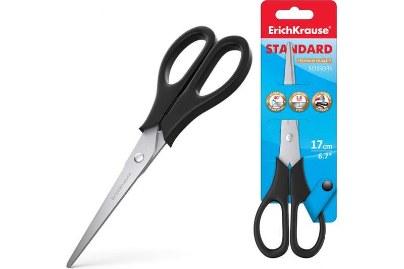 Ножницы ErichKrause Standard, 17 см, с улучшенной двойной заточкой, не ржавеют, чёрные