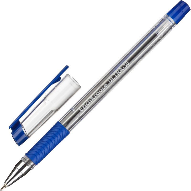 Ручка шариковая ErichKrause ULTRA-30, узел-игла 0.7 мм, чернила синие, резиновый упор, длина линии п
