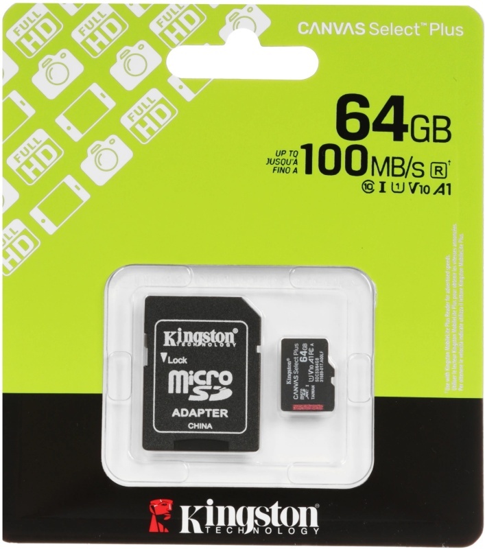 Карта памяти micro SD 64Gb Kingston class 10 Canvas Gen3 V10 с адаптером