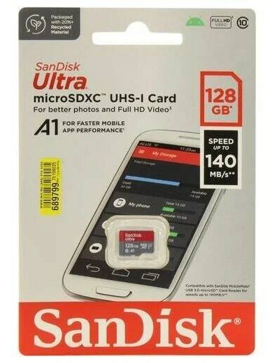 Карта памяти micro SD 128Gb SanDisk class 10 без адаптера UHS-I A 1
