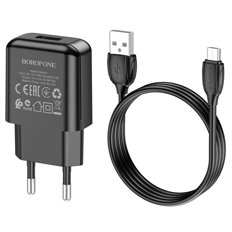 СЗУ BOROFONE BA64A, 1USB, 2.1A + MicroUSB 1м, черный