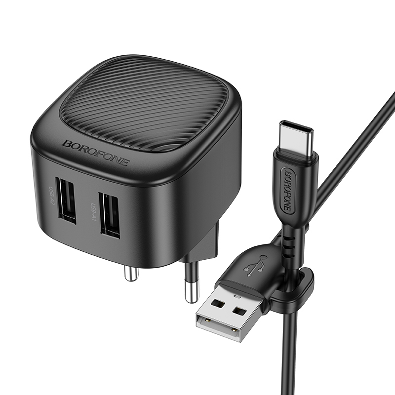 СЗУ BOROFONE BAS21A, 2USB, 2.1A +Type-C 1м, черный